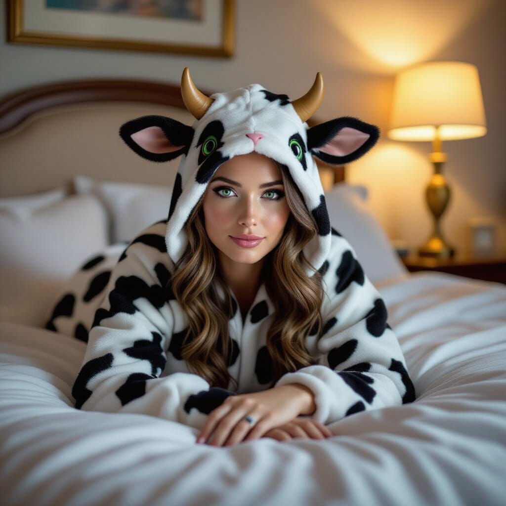 Woman in Cow Suit on Luxurious Bed with Unique Eyes