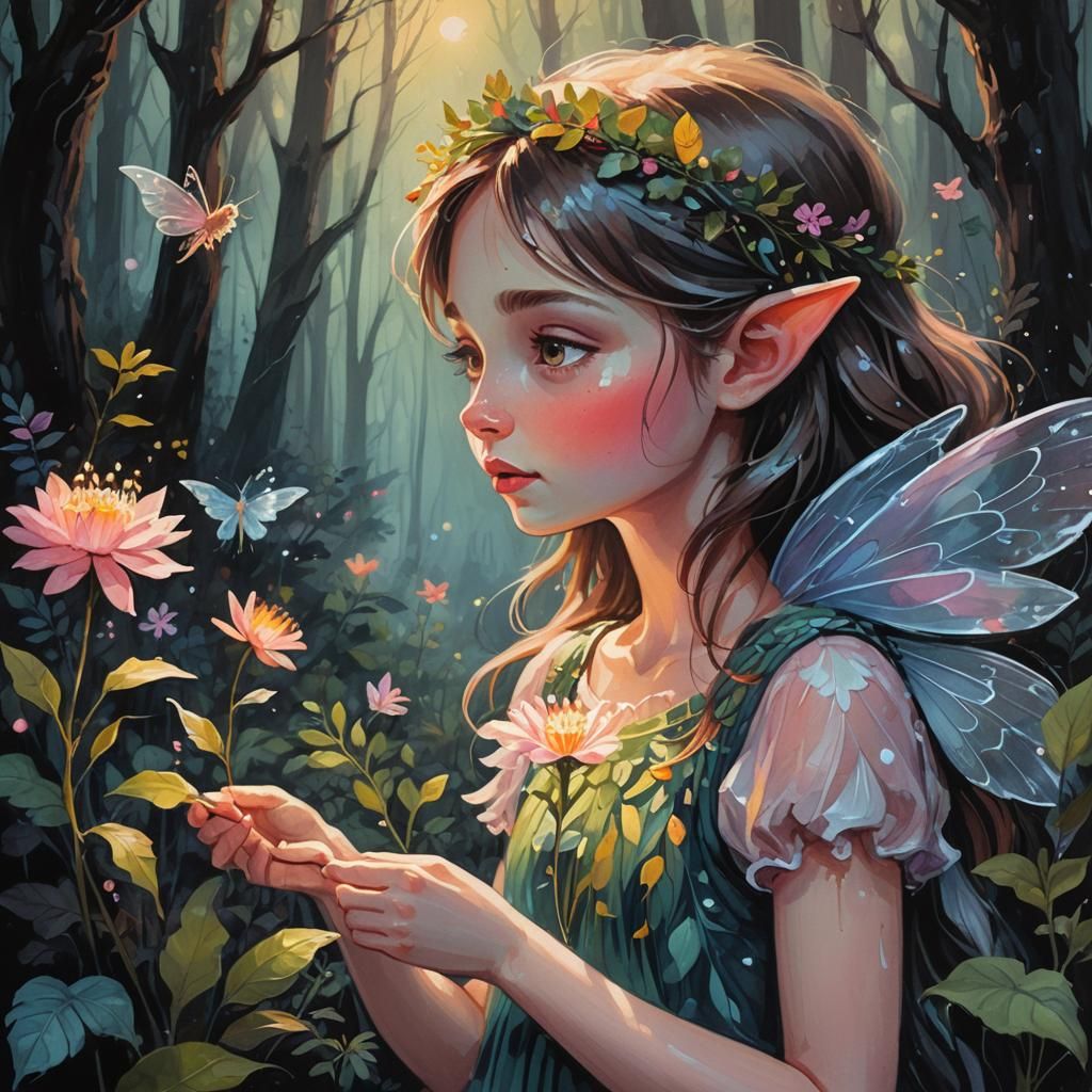 Fairy Gives Hope in Gloomy Forest: Gouache Painting