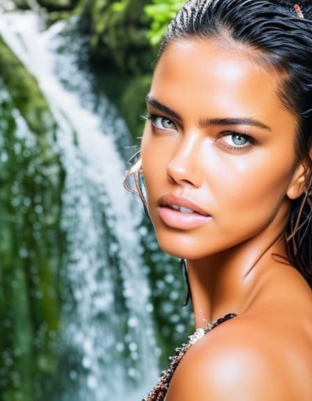 Adriana Lima Bathing in a Waterfall