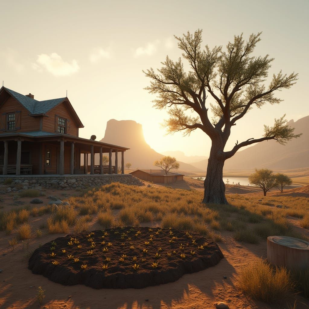 Rustic Ranch House in Badlands at Golden Hour