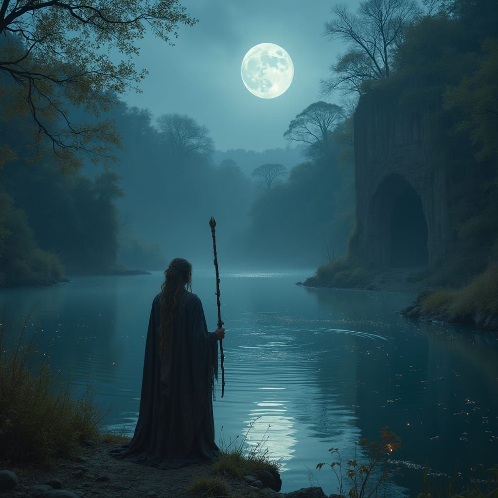 Surreal Moonlit Mage Stands by Glowing Lake in Ancient Ruins