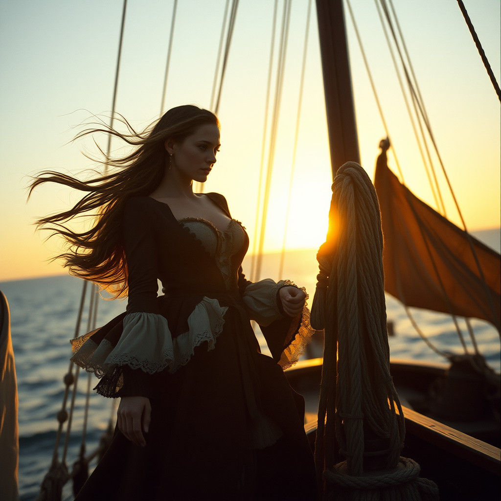 Pirate Woman on Sailing Ship in Golden Sunset Light