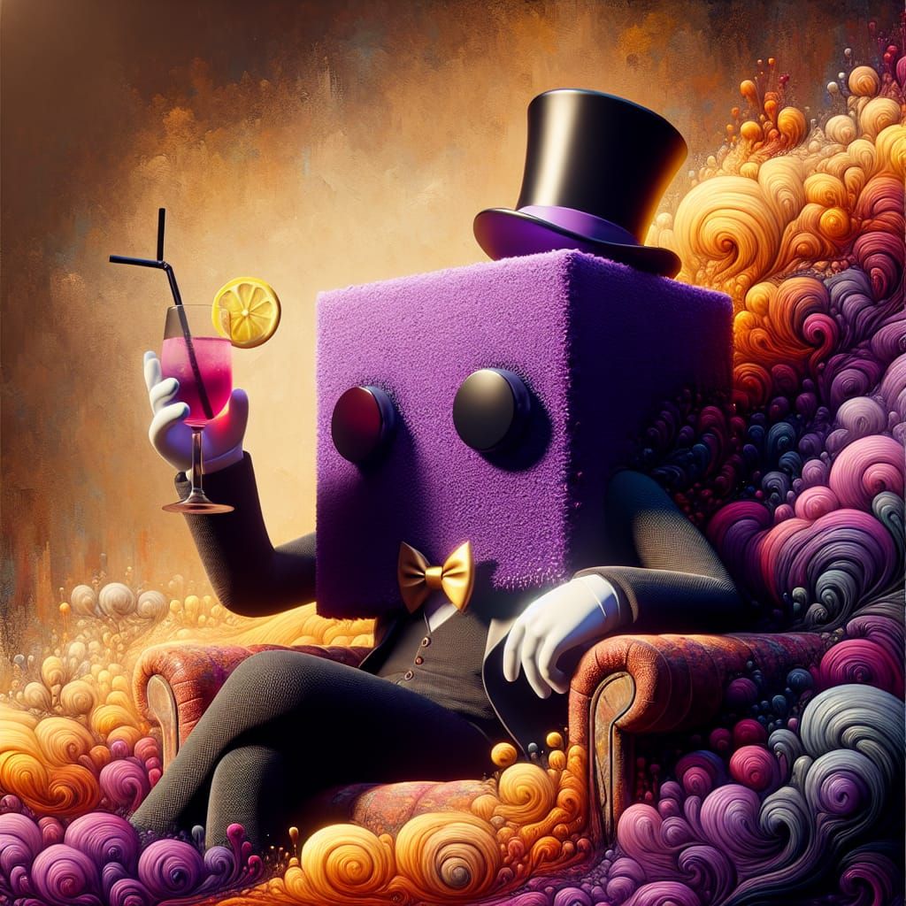 Surreal Purple Square Sipping Lemonade: Fantasy Concept Art