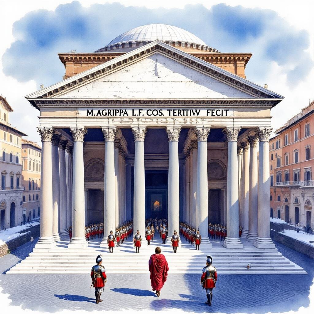 Pantheon of Rome in Winter Morning Watercolor