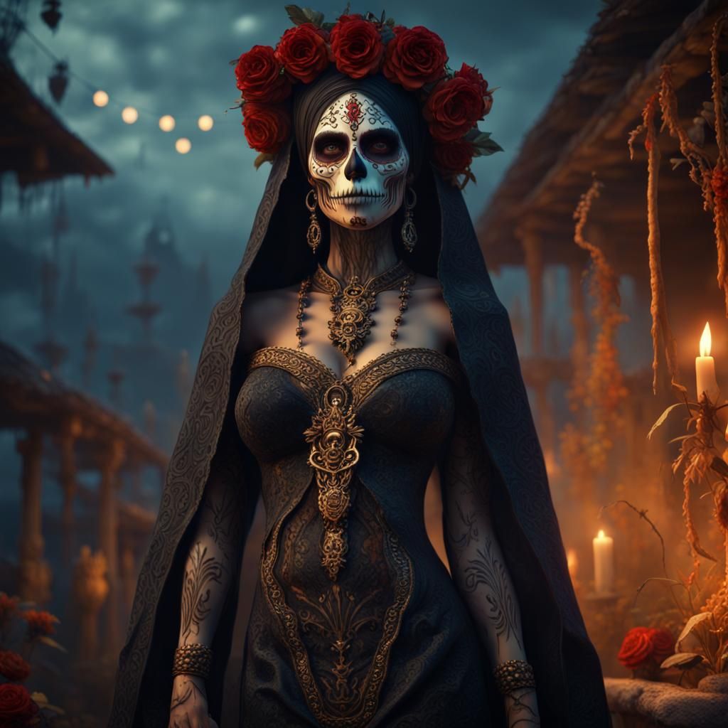 Mysterious Santa Muerte in Dramatic Outdoor Scene