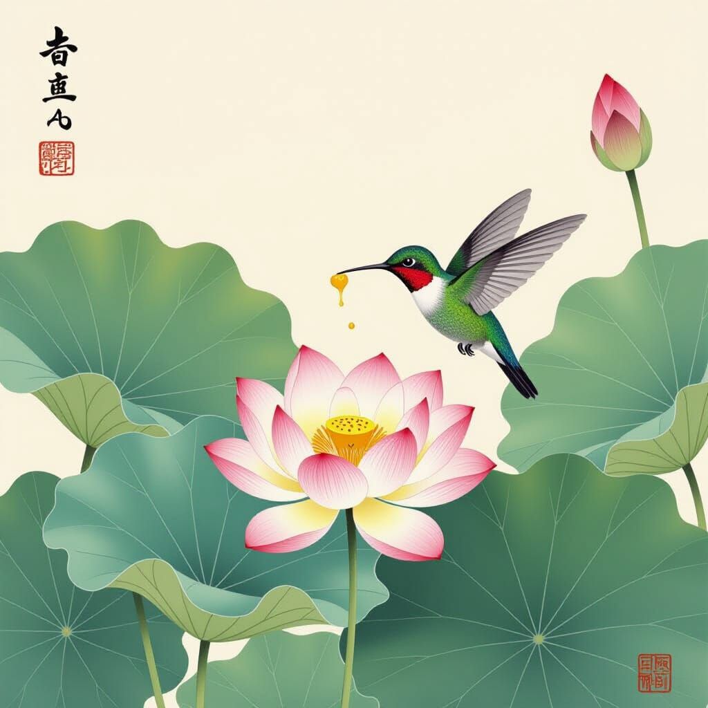 Hummingbird and Lotus in Yamato-e Painting