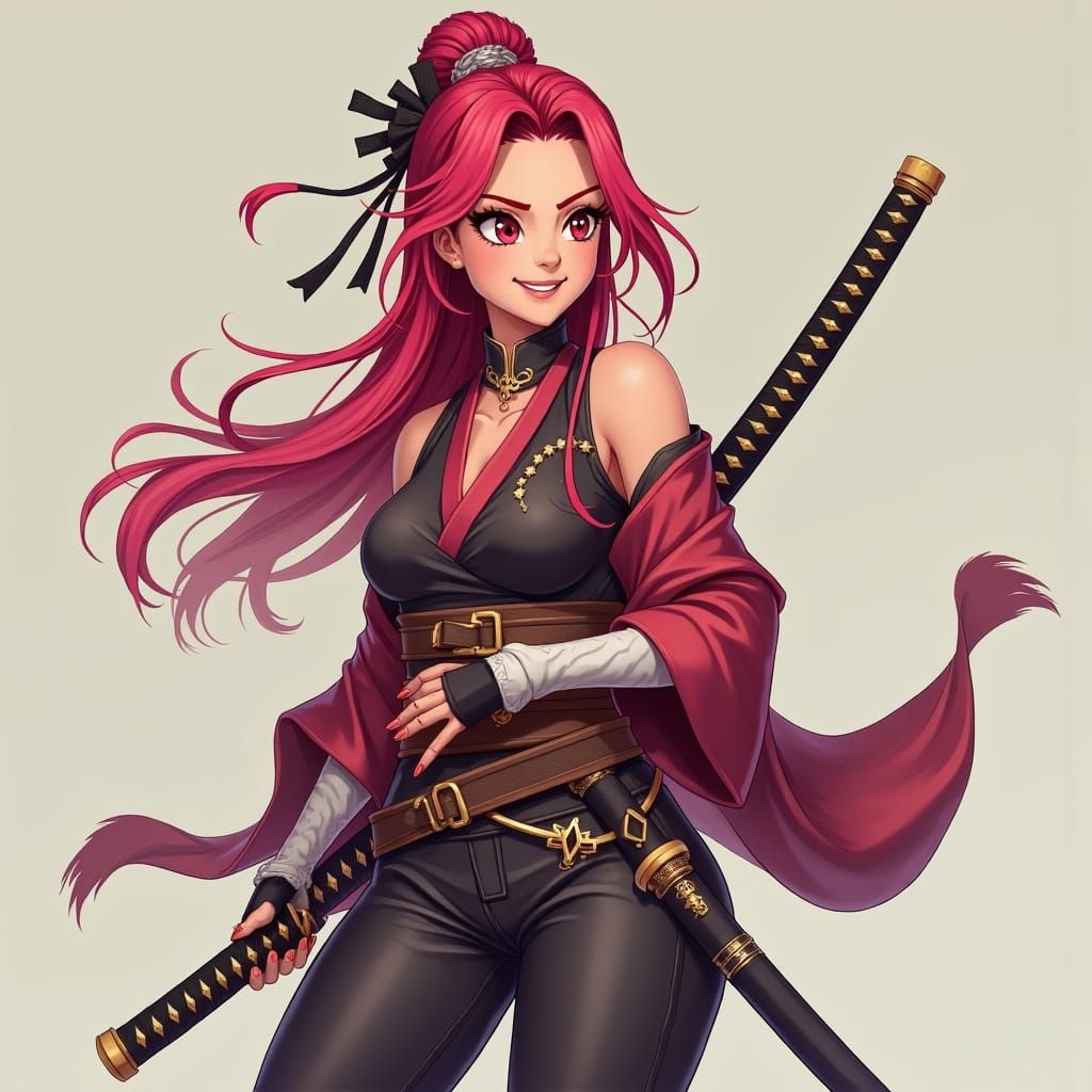 Warrior Woman with Purple Hair and Katana