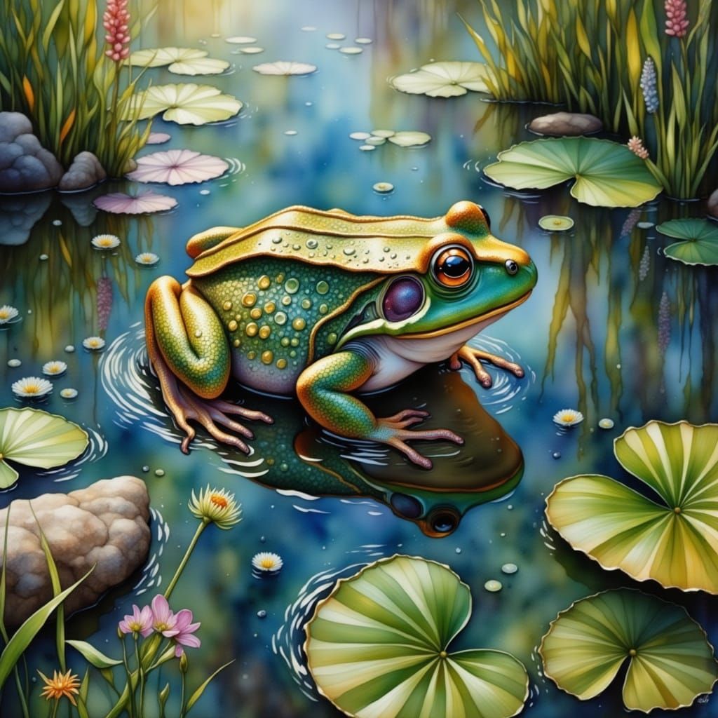 Watercolor Enchanted Forest with Frog and Tranquil Pond