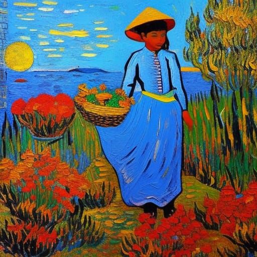 Girl With Flowers: Van Gogh-Inspired Impressionist Prairie