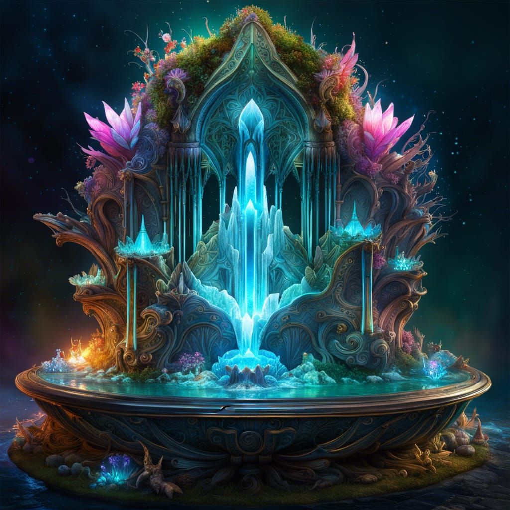 Bioluminescent Crystals Fountain: Dreamy Fantasy Artwork