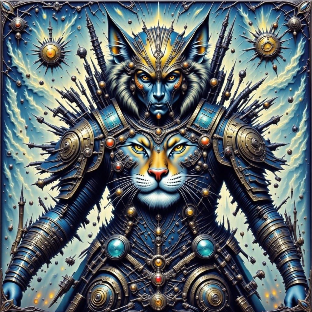 Anthropomorphic Cat Guardian in Mixed Styles