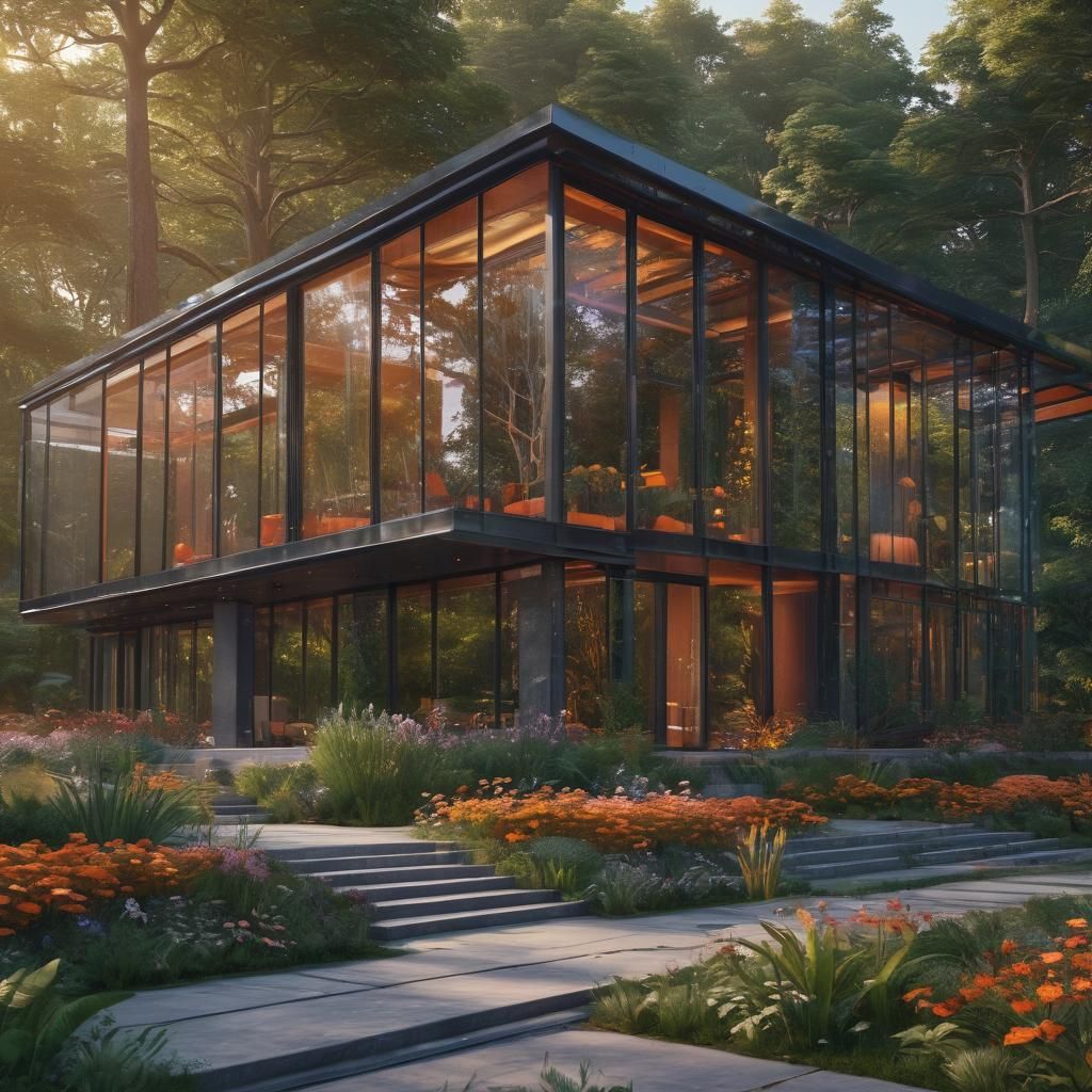 Modern Glass Mansion Reflecting Vibrant Forest