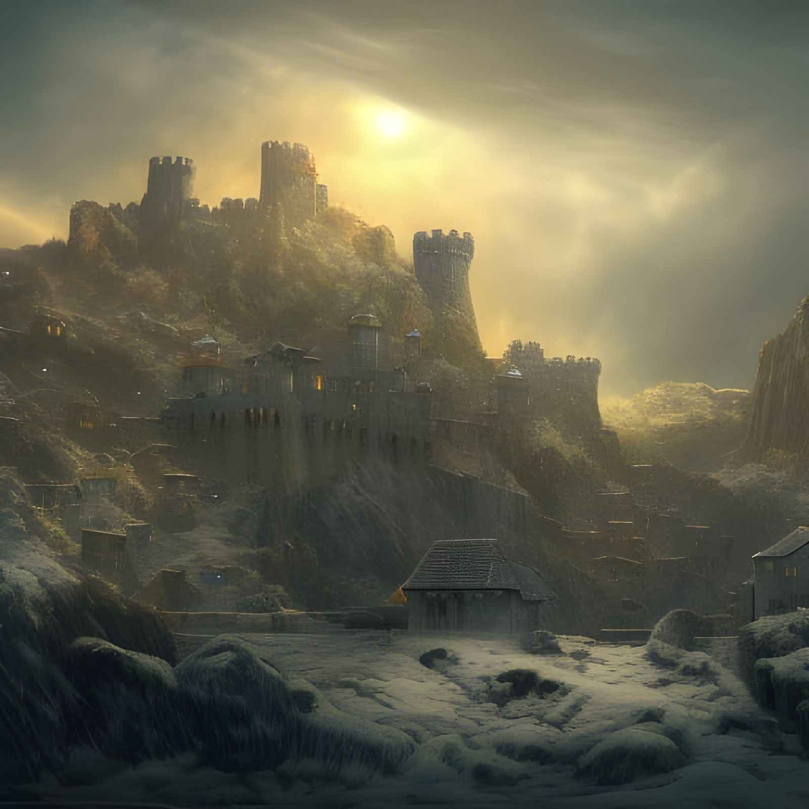 Snowy Castle Keep Panorama in Detailed Matte Painting