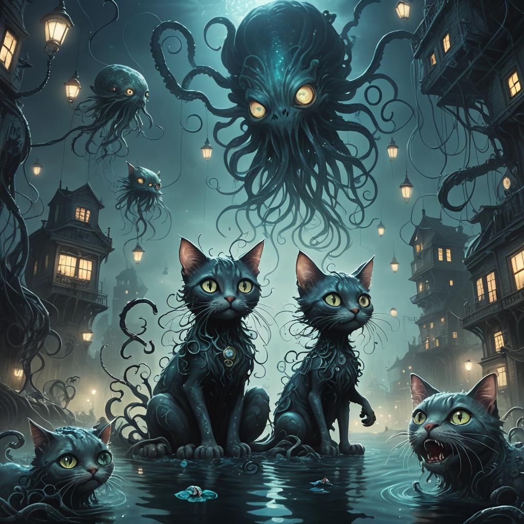 Eerie Fairy Cat and Kraken in Dark Underwater City