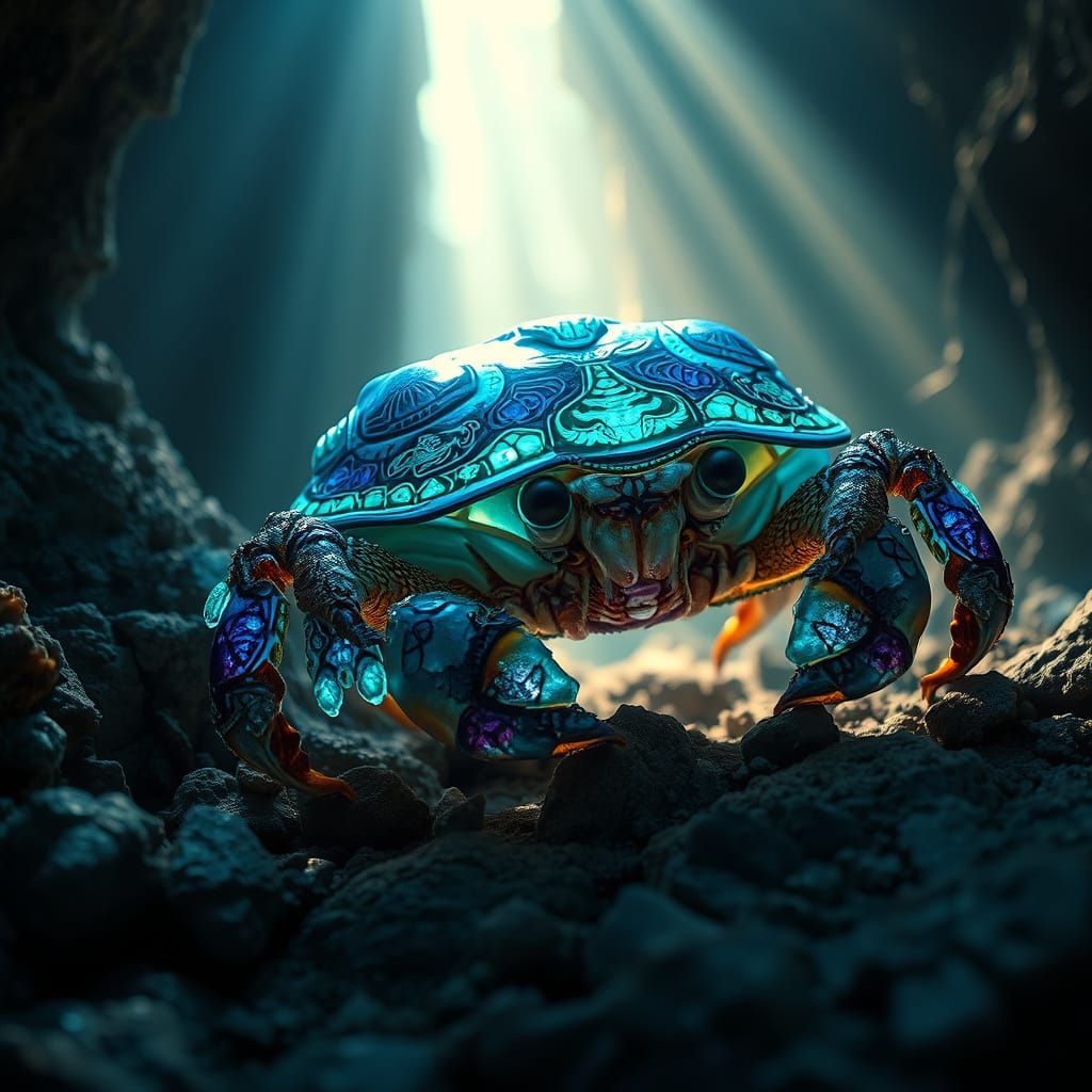Bioluminescent Hermit Crab Exploring Sunken City Ruins