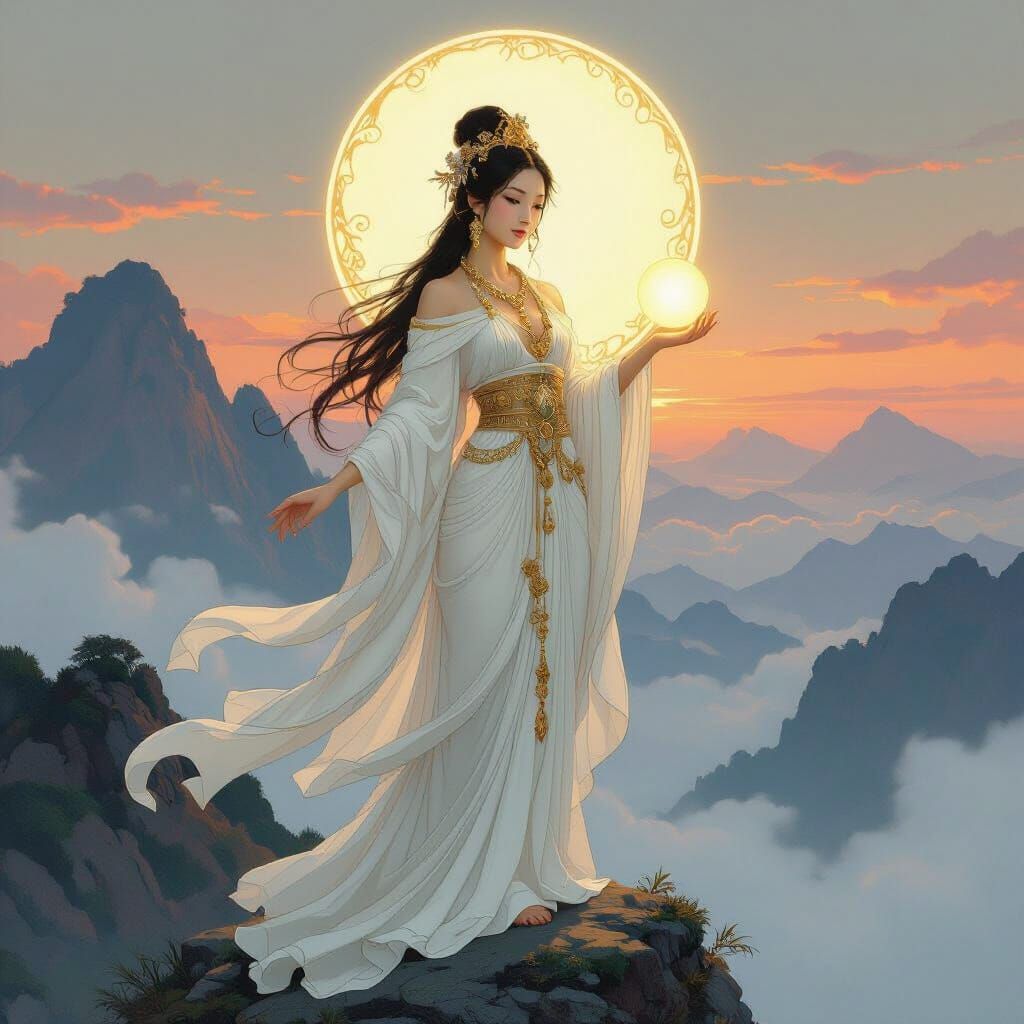 Ethereal Asian Goddess with Glowing Orb in Art Nouveau Style