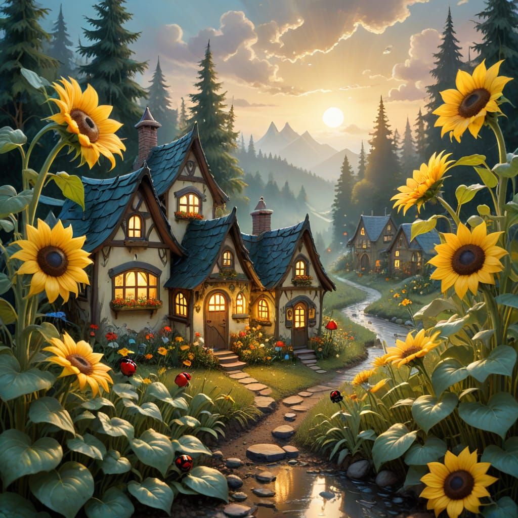 Whimsical Gnome Village Among Giant Sunflowers in Gouache St...