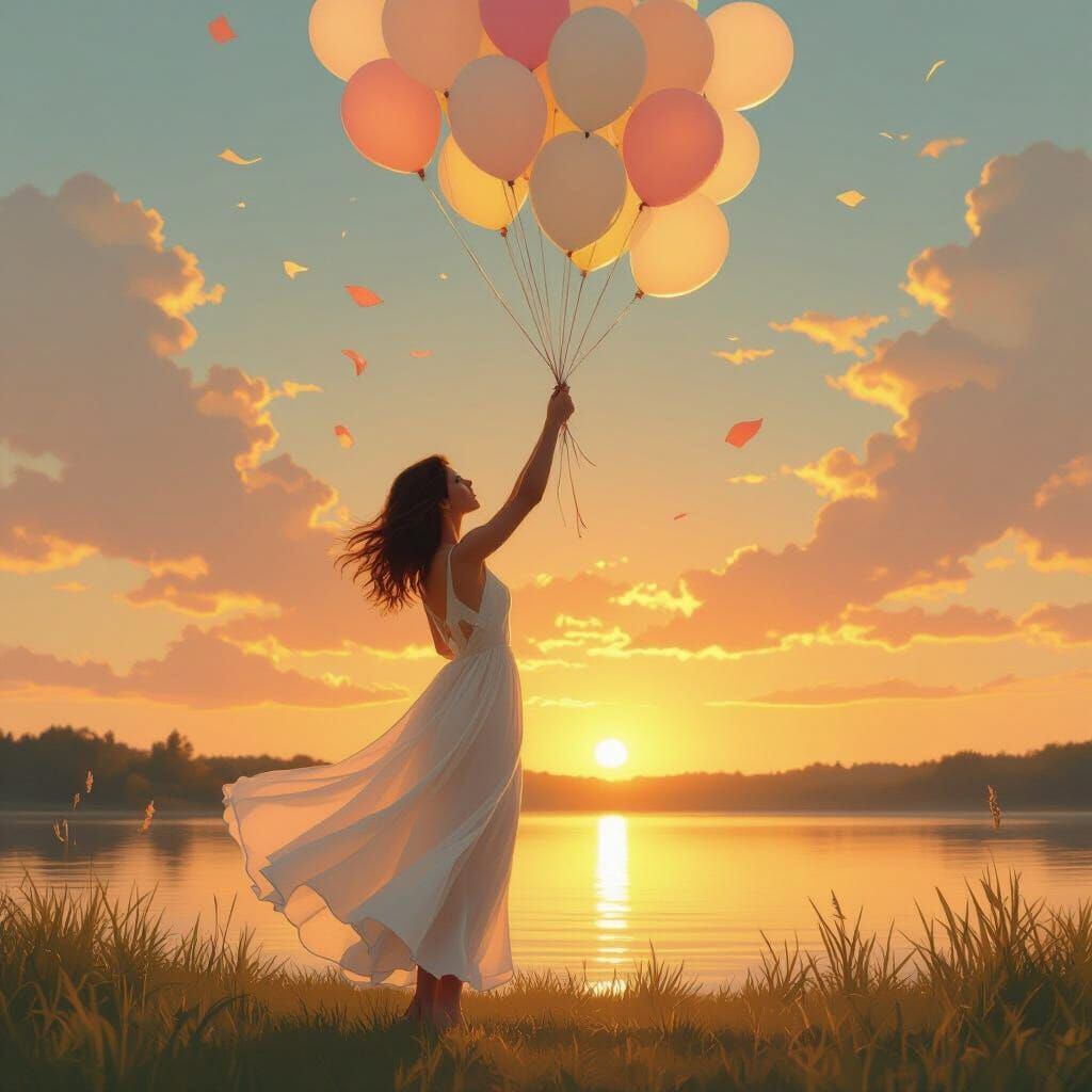 Woman Releasing Balloons into Sunset, Surreal Art