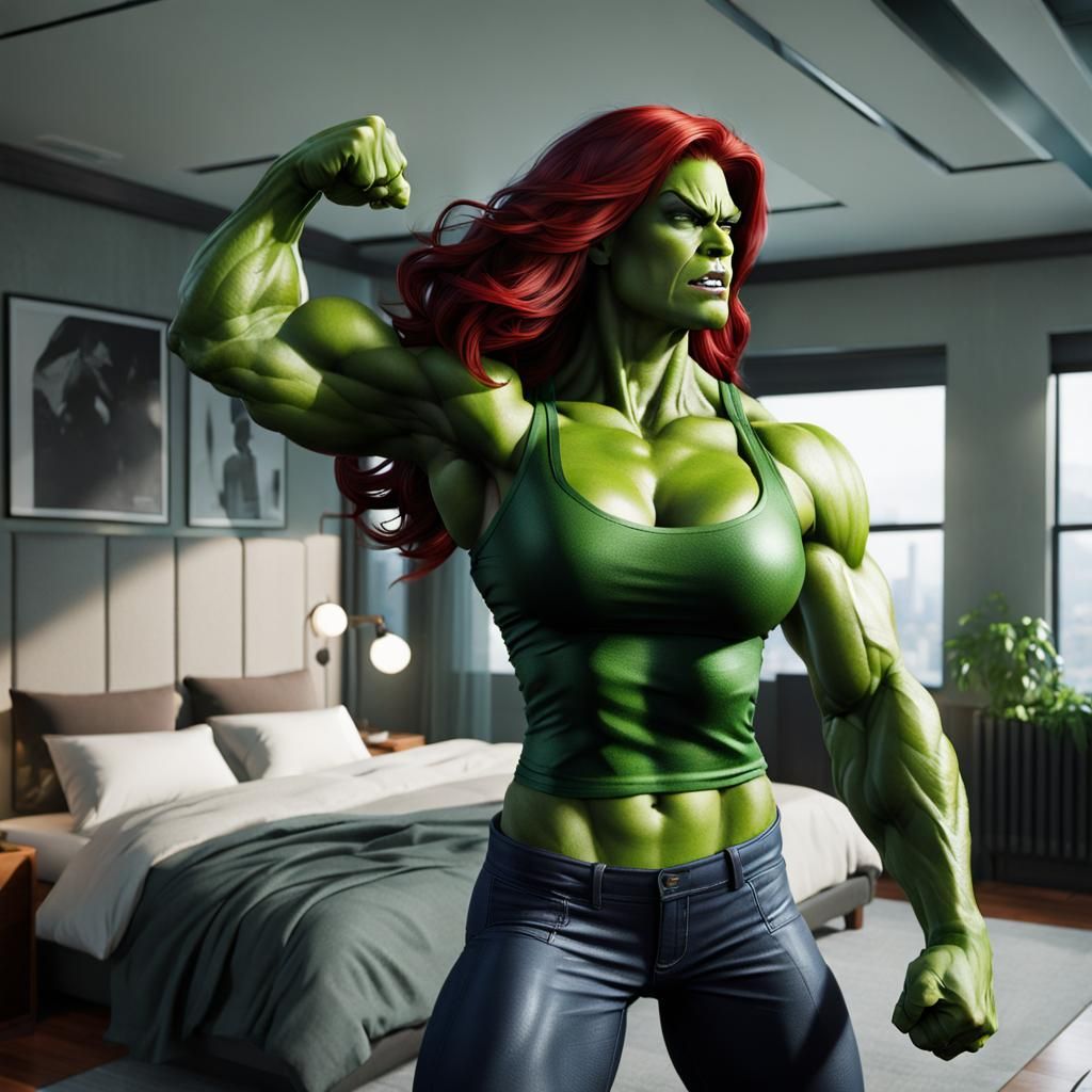 She-Hulk Rips T-Shirt in Bedroom, Cinematic View