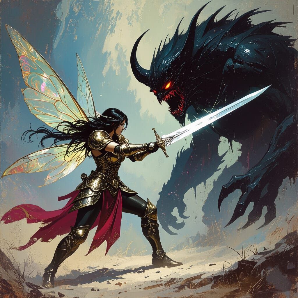 Fairy Warrior Battles Monster in Frazetta Style
