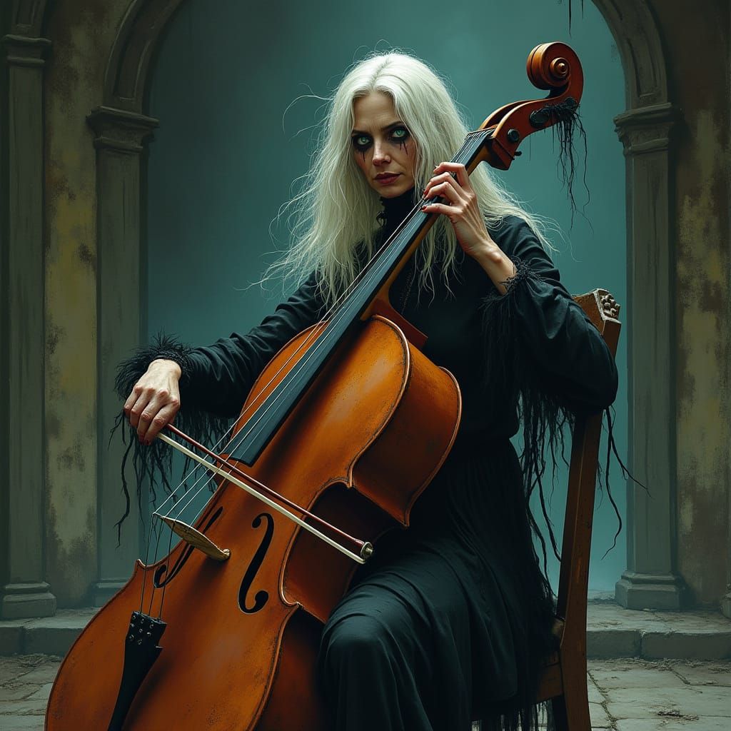 Ethereal Gothic Woman Plays Haunting Cello in Flickering Moo...