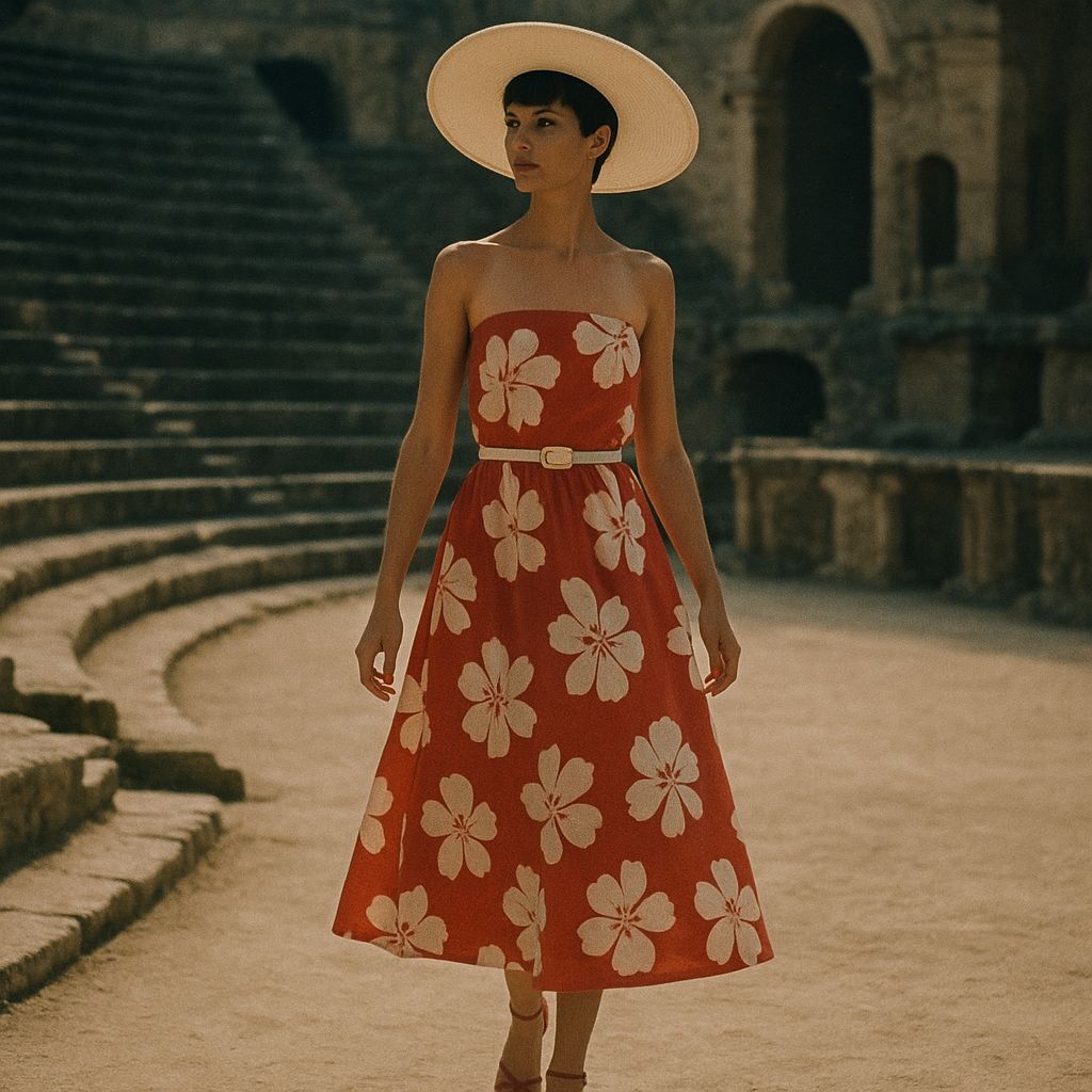 1979 Chloé Fashion: Red Floral Dress in Theater