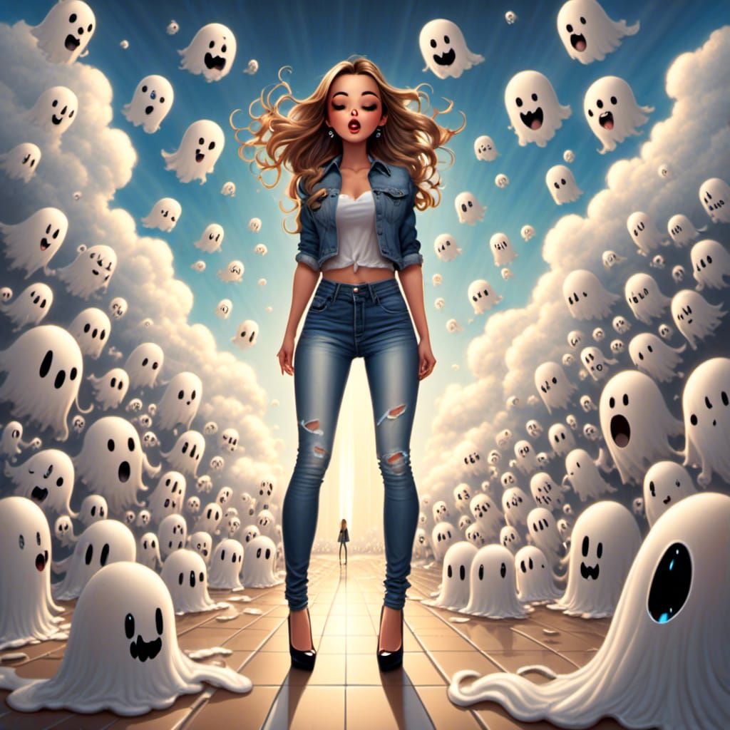 Chibi Woman Surrounded by Cute Ghosts