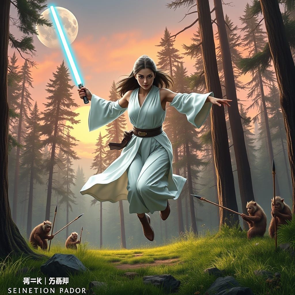 Jedi Leaping Through Endor Forest with Lightsaber