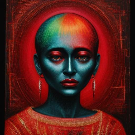 Glitchcore Portrait in Red Hues as Oil Pastel