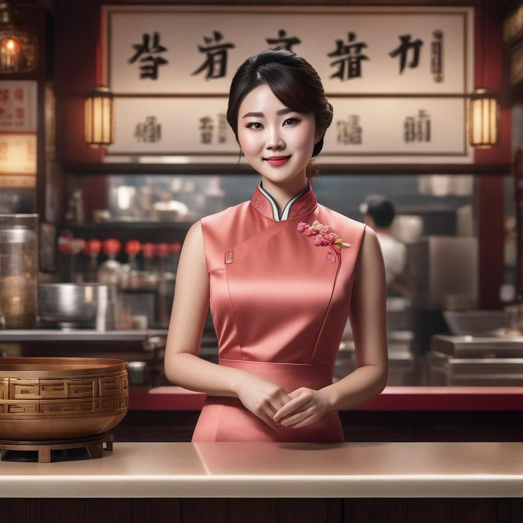Detailed Image of Chinese Waitress in Restaurant