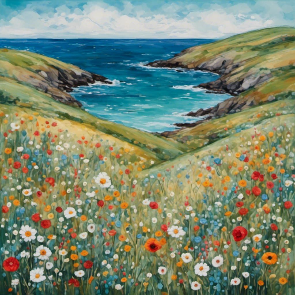 Wild Spring Flowers by the Ocean, Oil Painting