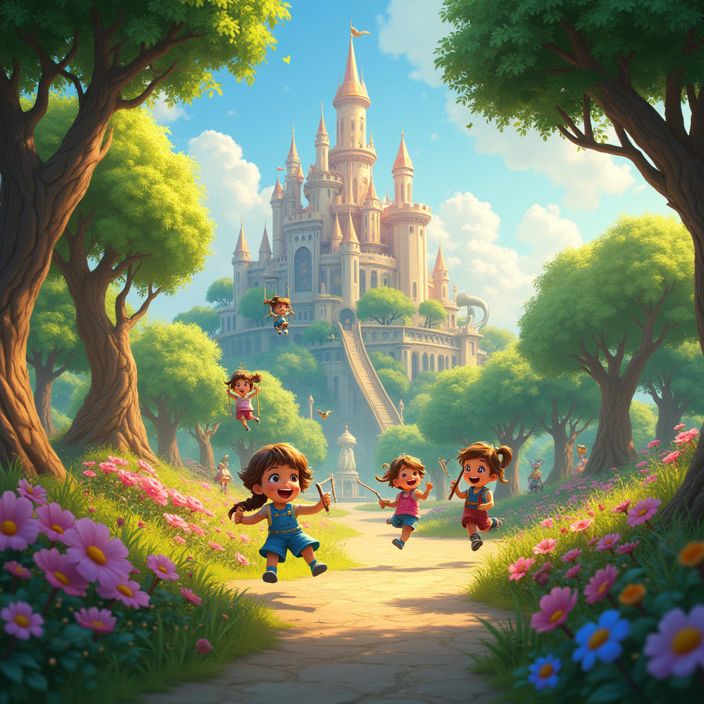 Enchanted Park Scene with Children Playing
