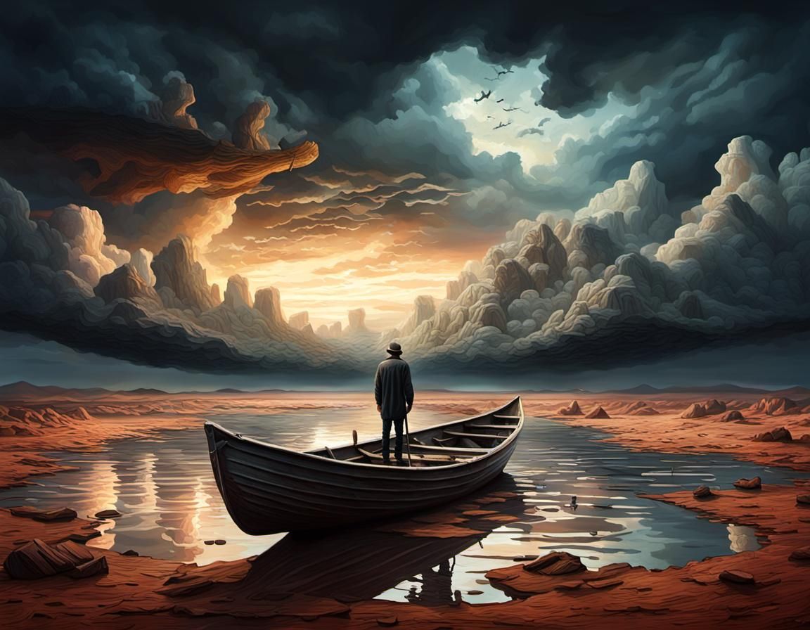 Surreal Ferryman in Desert Sky: Digital Painting