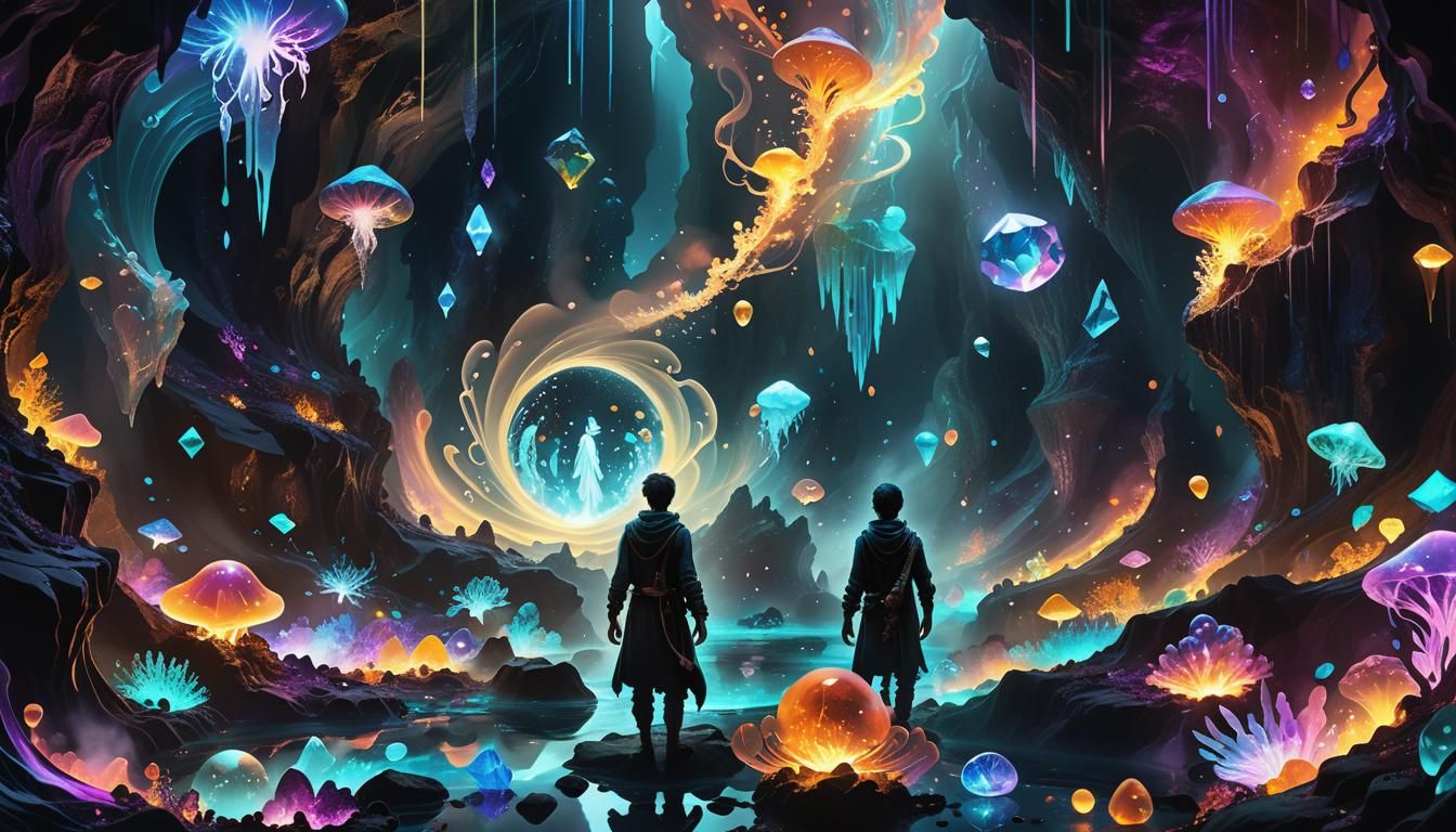 Mystical Adventurer in Bioluminescent Crystal Cavern