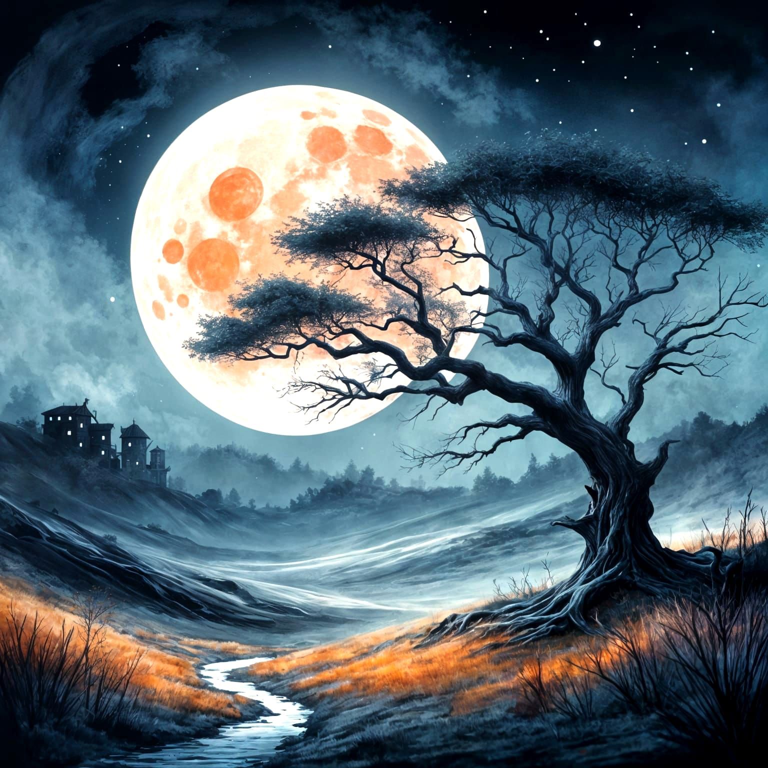 Woman Under Giant Moon in Watercolor Style