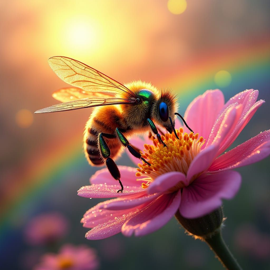 Vibrant Honey Bee in Hyperrealistic Colorful Scene