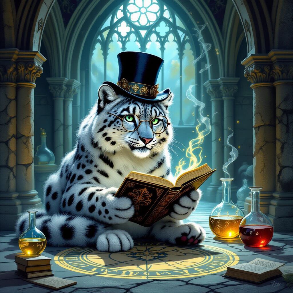 Snow Leopard Alchemist in Gothic Cathedral, Dark Fantasy Art