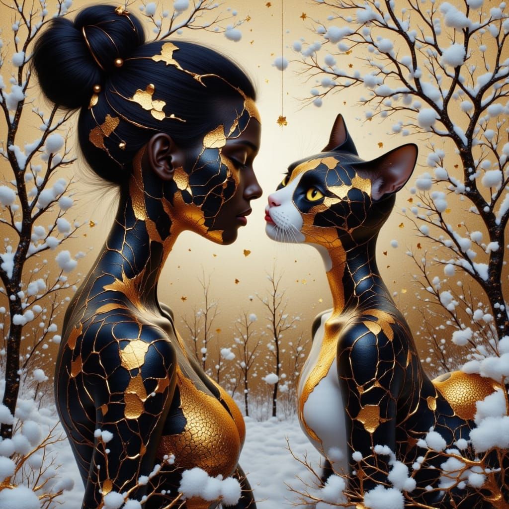 Kintsugi Art: Feminine Entity and Cat in Winter