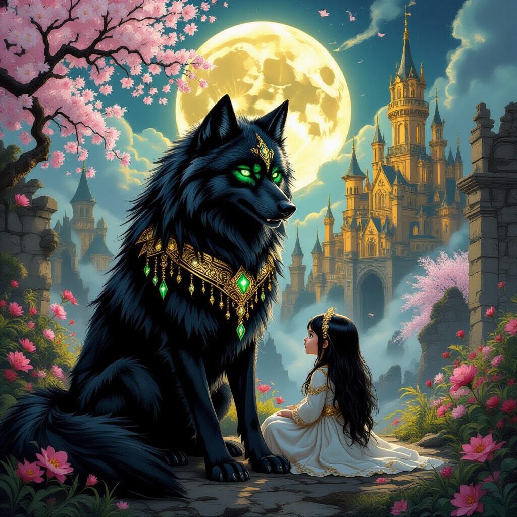 Fierce Jeweled Wolf Guards Girl in Moonlit Castle Ruins