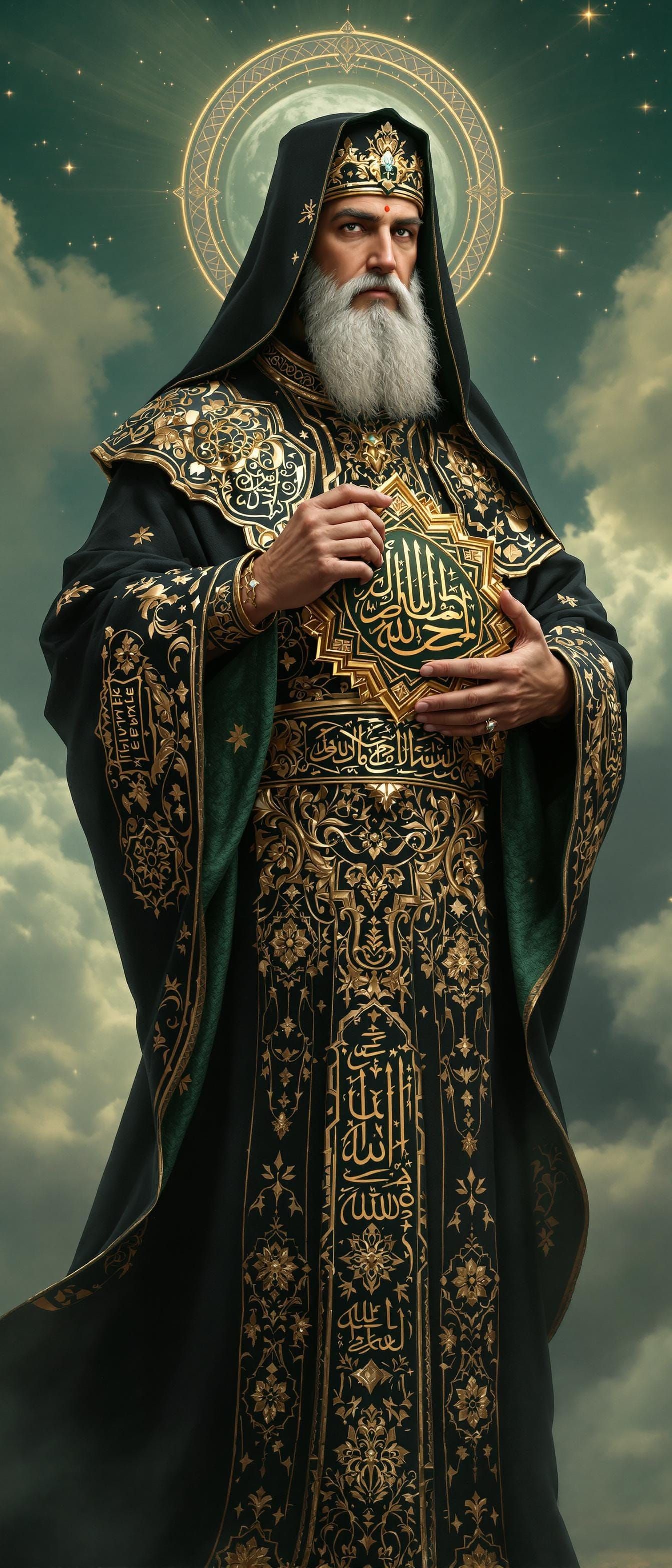 Majestic Islamic Saint in Elegant Black and Gold Attire