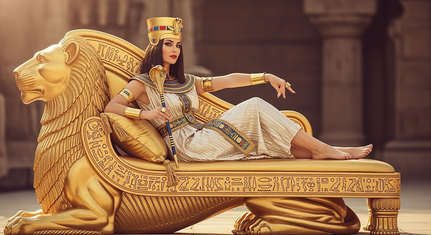 Egyptian Queen on Gold Chaise Lounge, Photorealistic Style