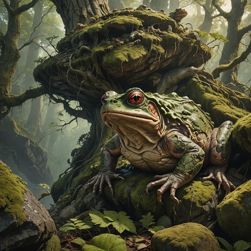 giant toad in a fantasy forest camouflaged; worm's+eye+view;...