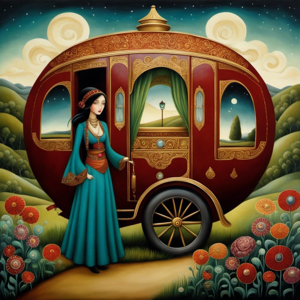 Gypsy Woman in Peaceful Landscape, Ornate Wagon