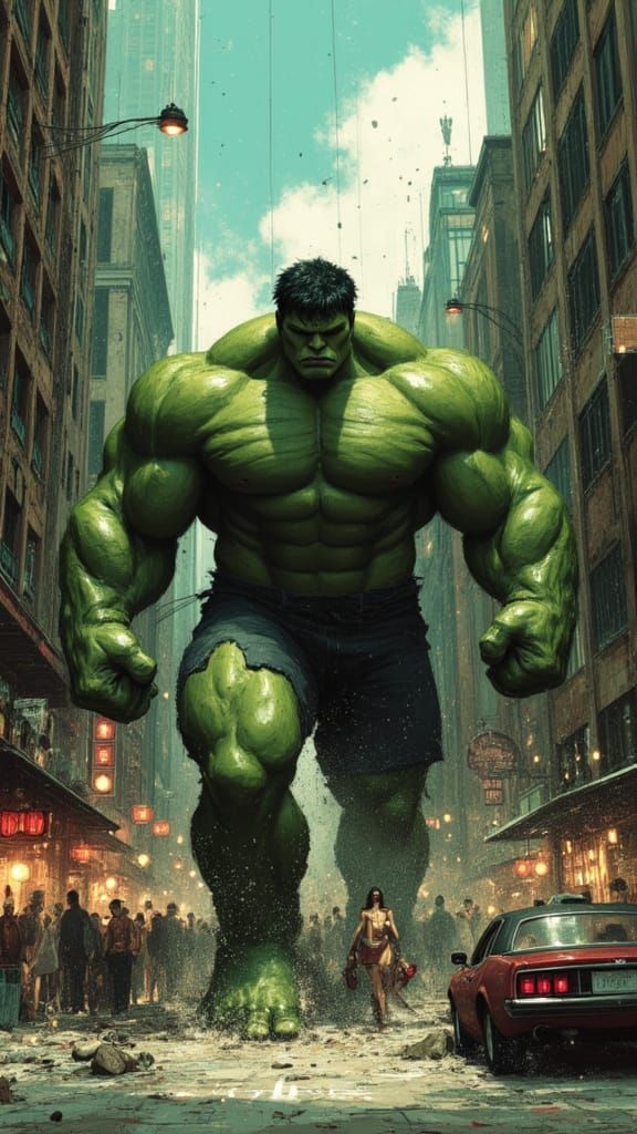 Hulk Smashes City Street in Comic Art Style