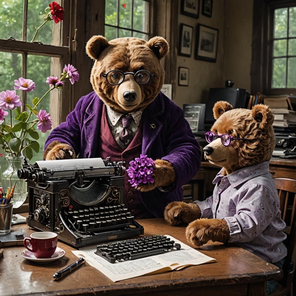 Bear at Typewriter with Flowers