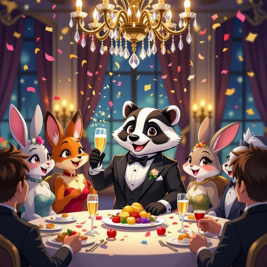 Dapper Badger Toasts New Year's Eve Party in Anime Style
