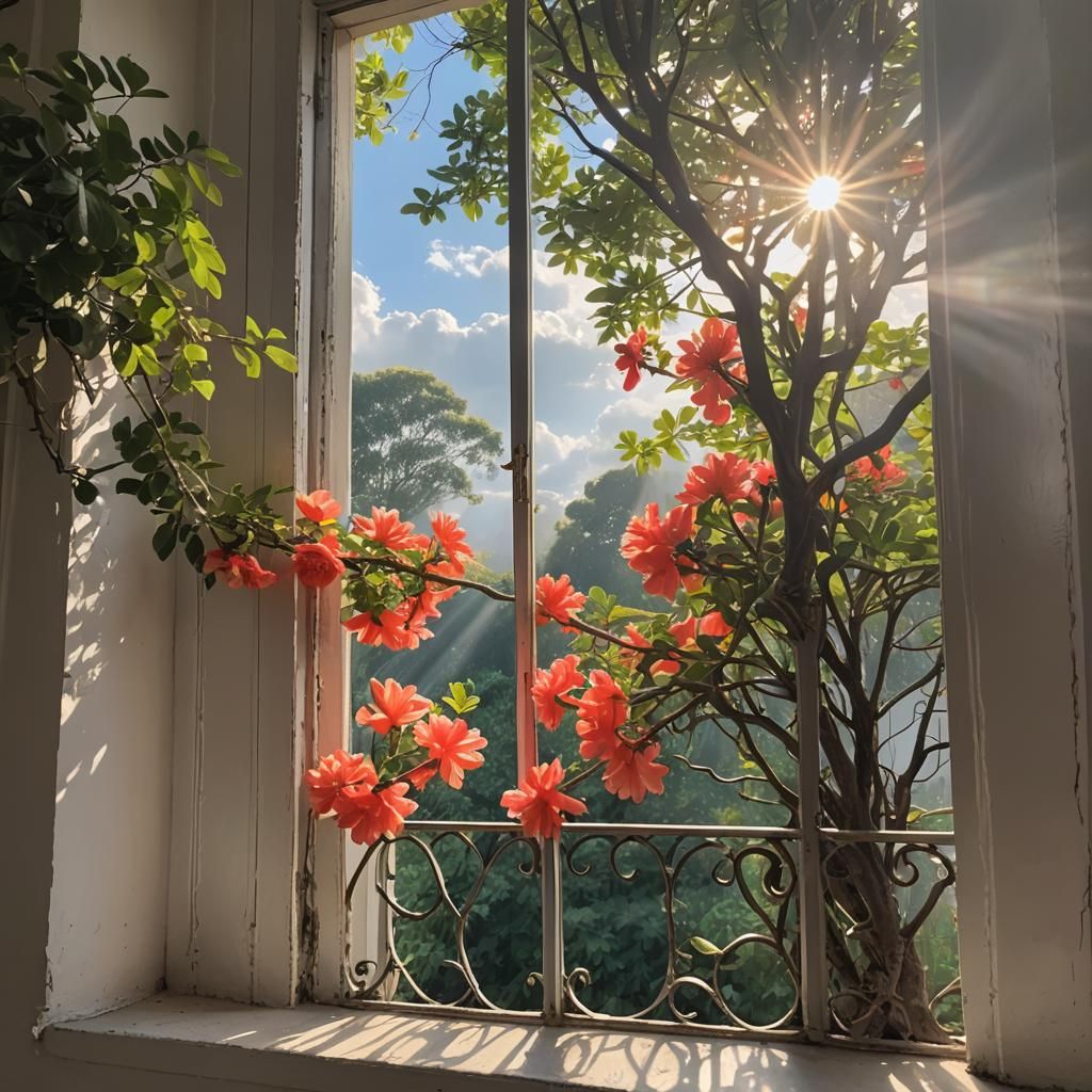 Sunlit Balcony with Coral in Soft Focus