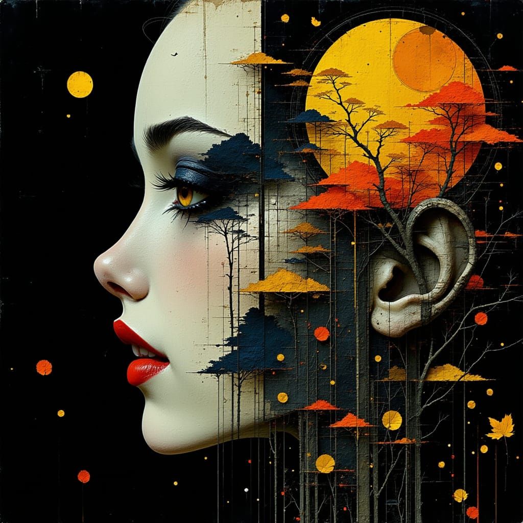 Mechanical Human Face Merging with Moon on Black Backdrop