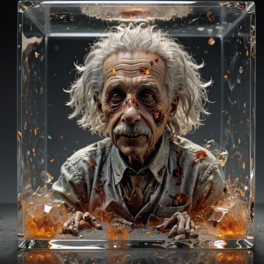 Zombie Einstein in Crystal Cube, Hyperrealistic Digital Art