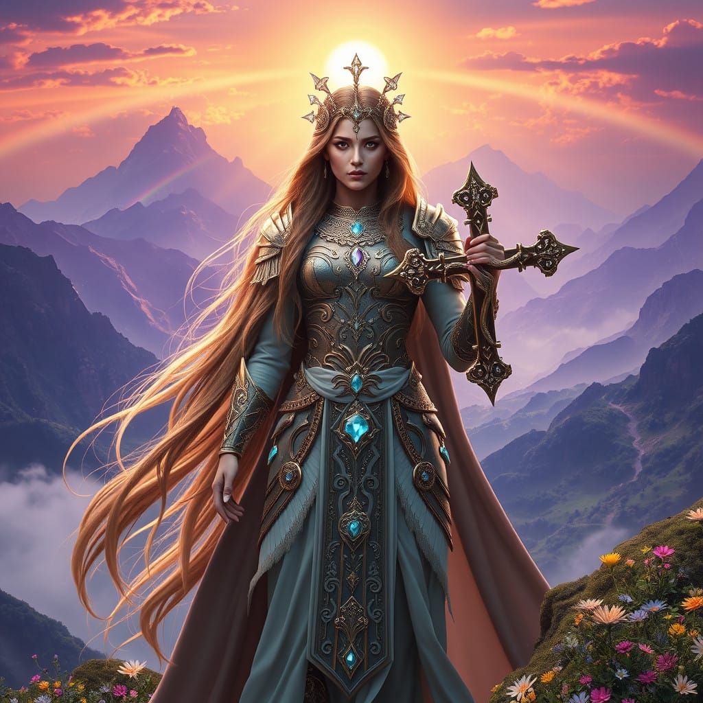 Ethereal Warrior Goddess in a Vibrant Valley of Purple Mount...
